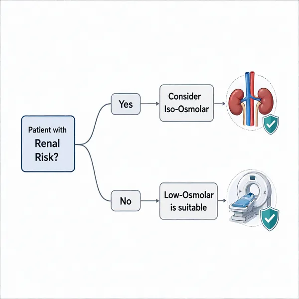 Clinical decision flowchart for choosing between iso-osmolar and low-osmolar contrast media